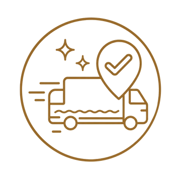 Icon of a delivery truck with a heart and checkmark inside a circle on a beige background